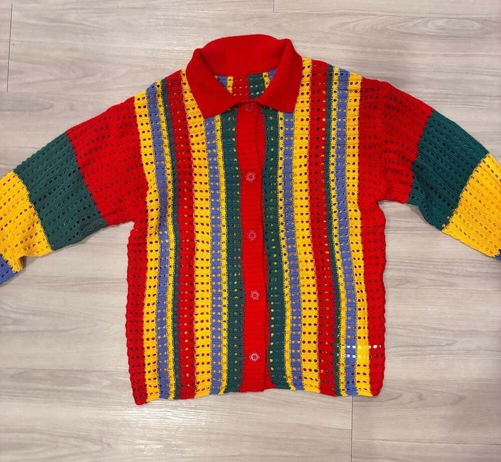Unisex Multicolor Striped Crochet Knit Button-Up Cardigan Sweater with Collar XL